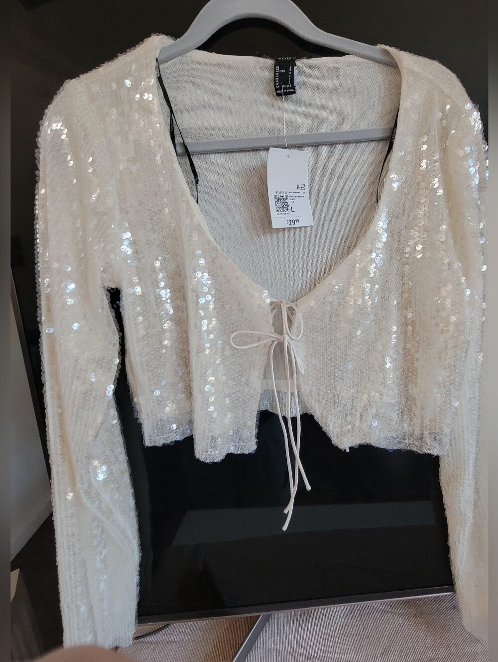 Forever 21 Cream Sequin Tie-Front Cropped Long Sleeve Top